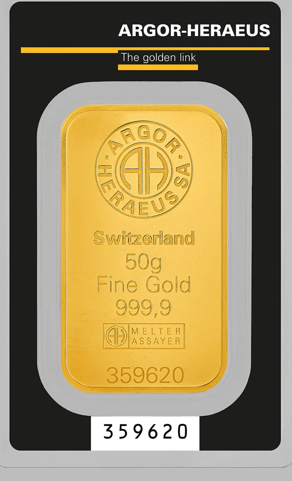 Argor Heraeus 50g gold bar Heraeus