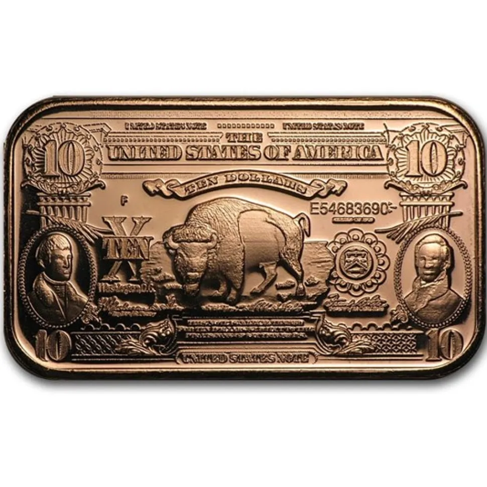 Diverse 1 Ounce Copper Bar $10 Bison Banknote