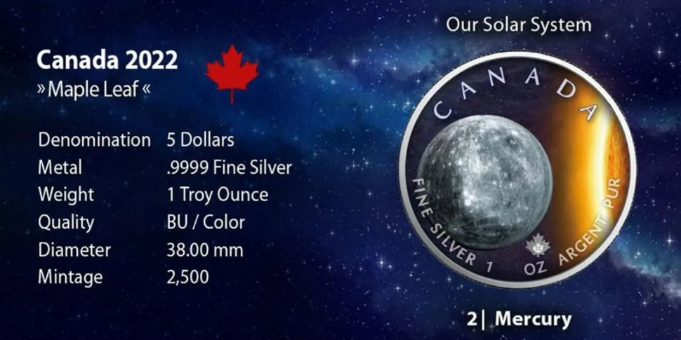 Royal Canadian Mint 1 ounce Silver Maple Leaf Solar System Mercury 2022 (Mintage: 2,500)