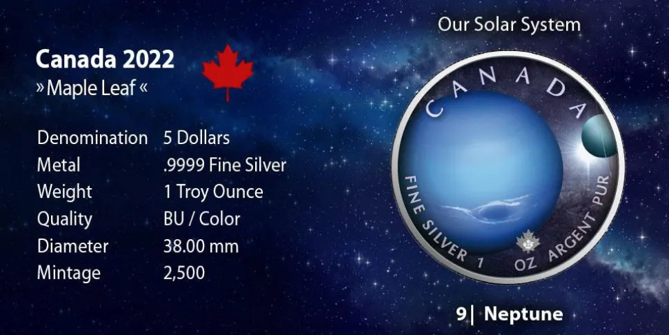 Royal Canadian Mint 1 ounce Silver Maple Leaf Solar System Neptune 2022 (Mintage: 2,500)