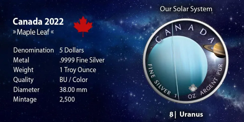 Royal Canadian Mint 1 ounce Silver Maple Leaf Solar System Uranus 2022 (Mintage: 2,500)