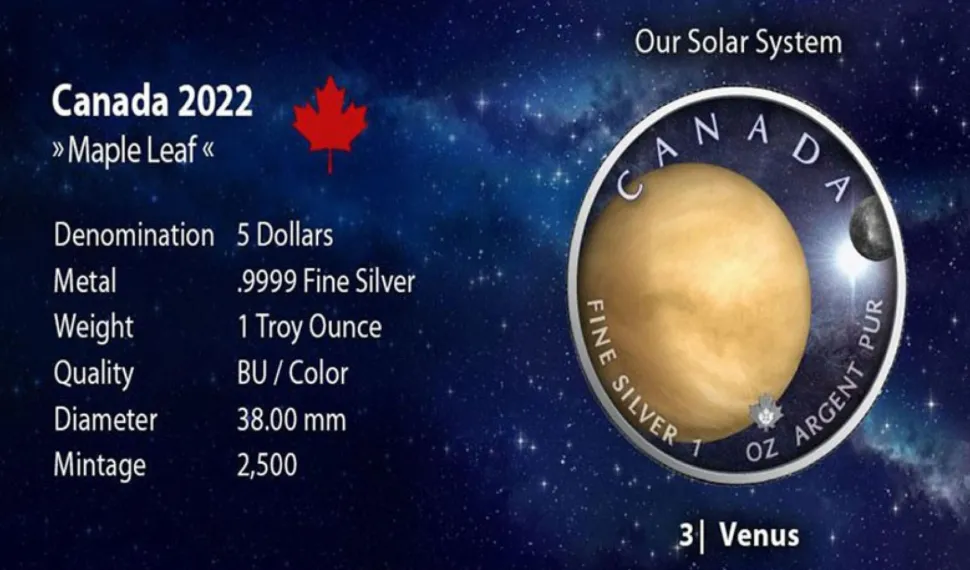 Royal Canadian Mint 1 ounce Silver Maple Leaf Solar System Venus 2022 (Mintage: 2,500)