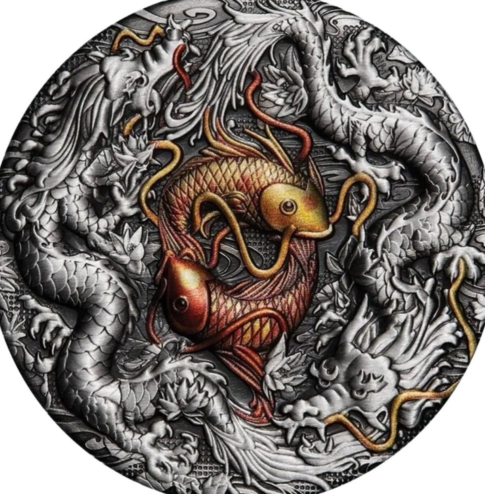 Perth Mint 2 oz Silver Double Dragon and Koi 2021 AF (Mintage: 888 | Antique Finish)