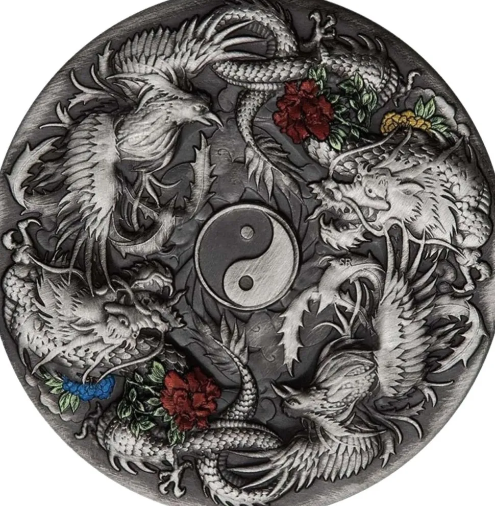 Perth Mint 2 oz Silver Double Dragon and Phoenix 2021 AF (Mintage: 888 | Antique Finish)