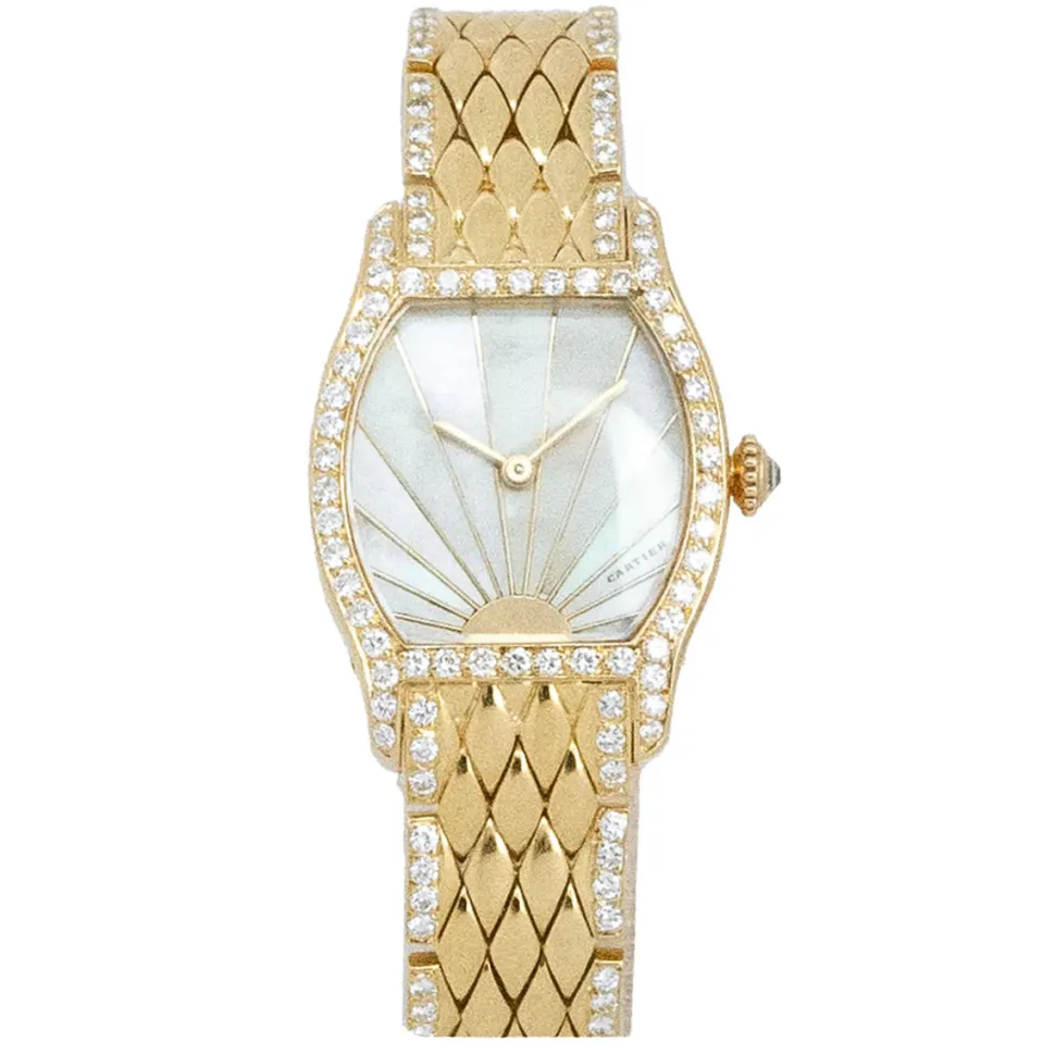 Cartier Rare Tortue Yellow Gold Mother of Pearl Factory Diamond Setting 1989