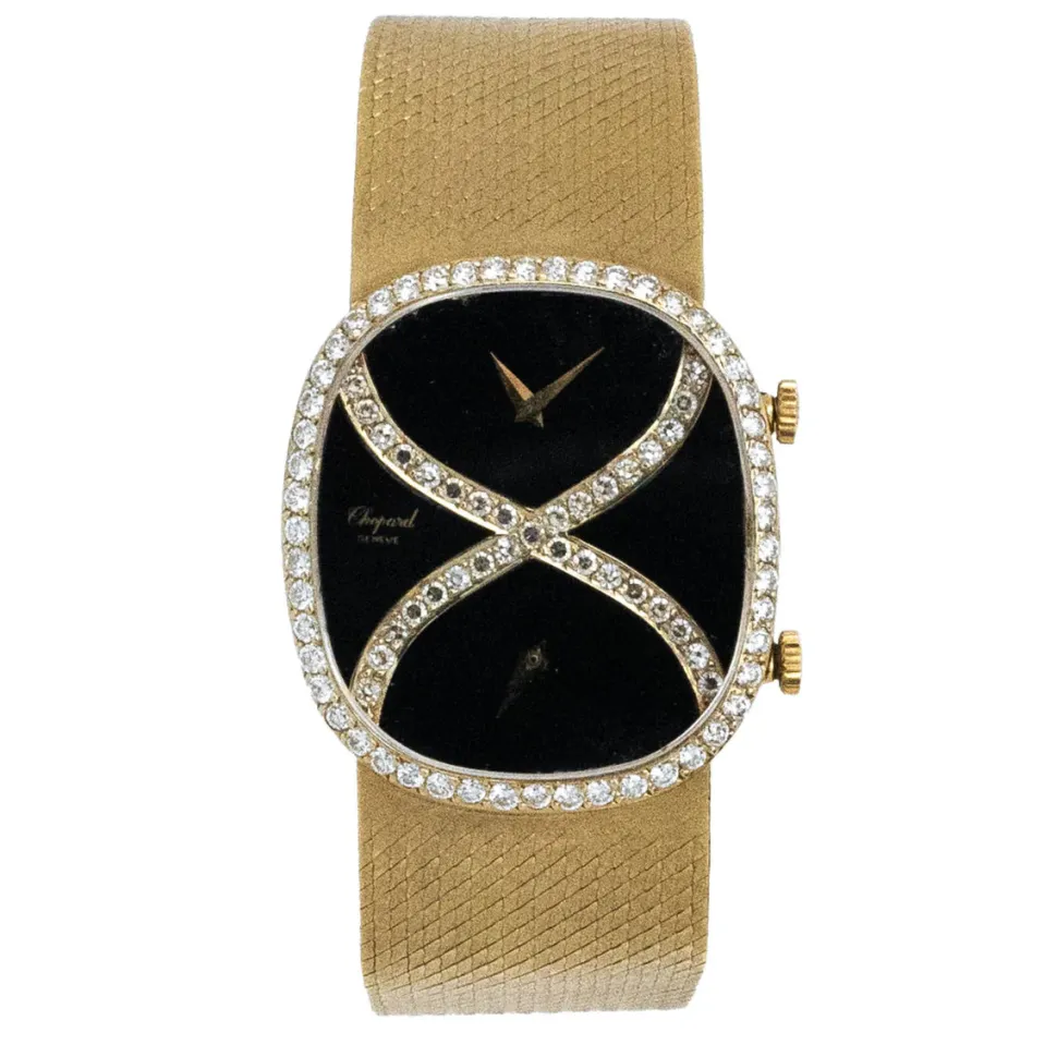 Chopard Rare Yellow Gold Onyx Dual Time Factory Diamond Setting 1970