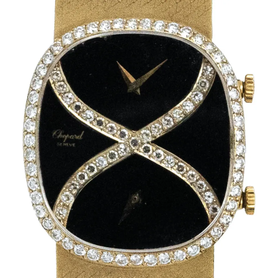 Chopard Rare Yellow Gold Onyx Dual Time Factory Diamond Setting 1970
