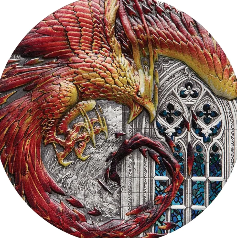 Perth Mint 5 Unze Silber Rising Phoenix 2022 AF (Auflage:388 | Antik Finish | coloriert)